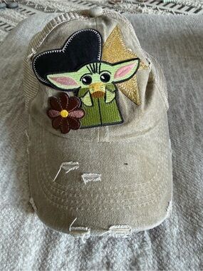 Distressed Trucker Hat with Baby Yoda Patch & Flower